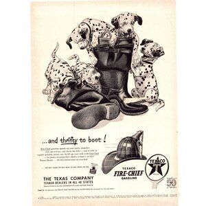 1952 Texaco Fire Chief Gasoline Gas Vintage Print Ad Dalmation Puppies Wall Art